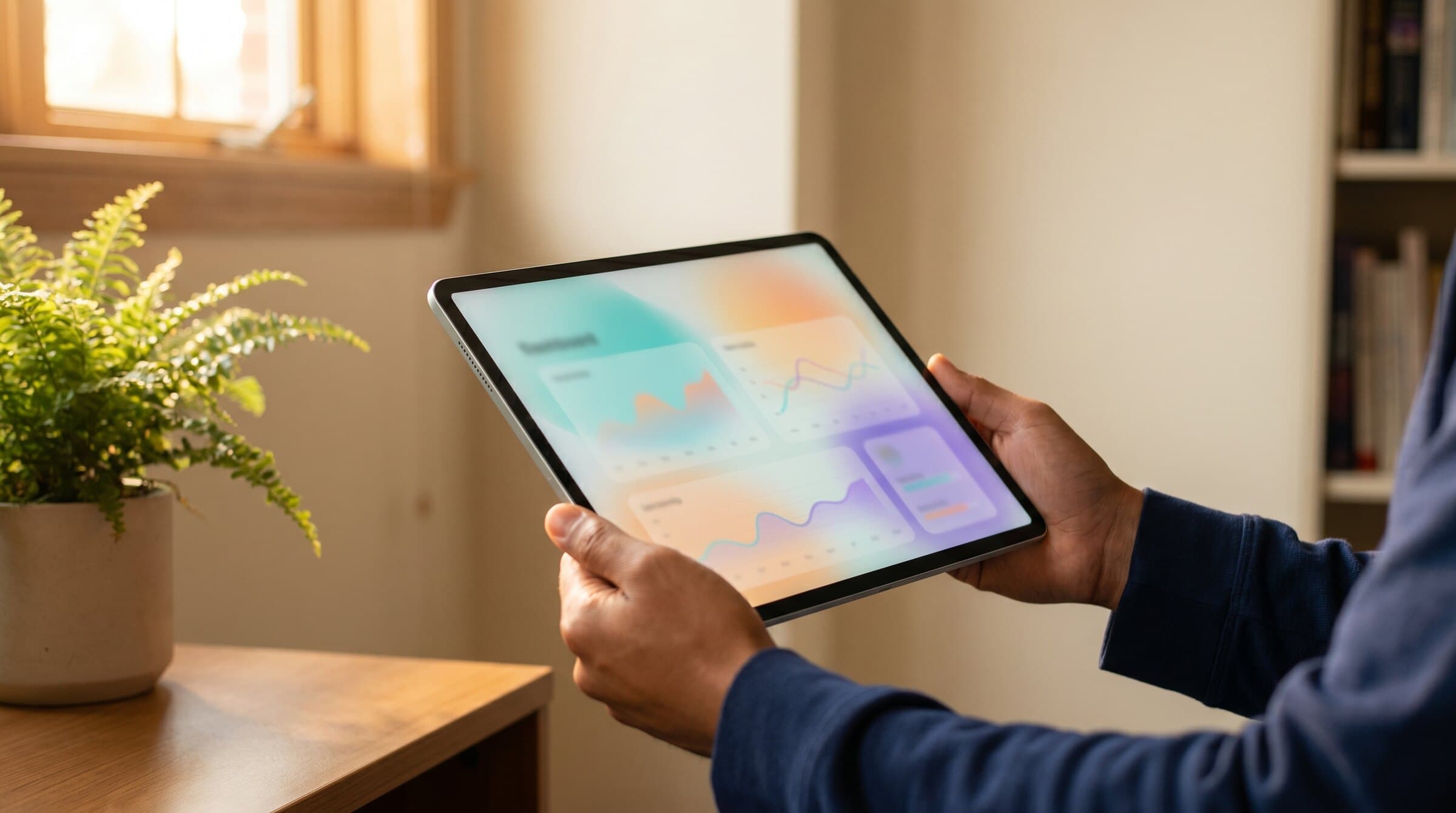 Manos jóvenes sosteniendo una tablet con un dashboard de la plataforma