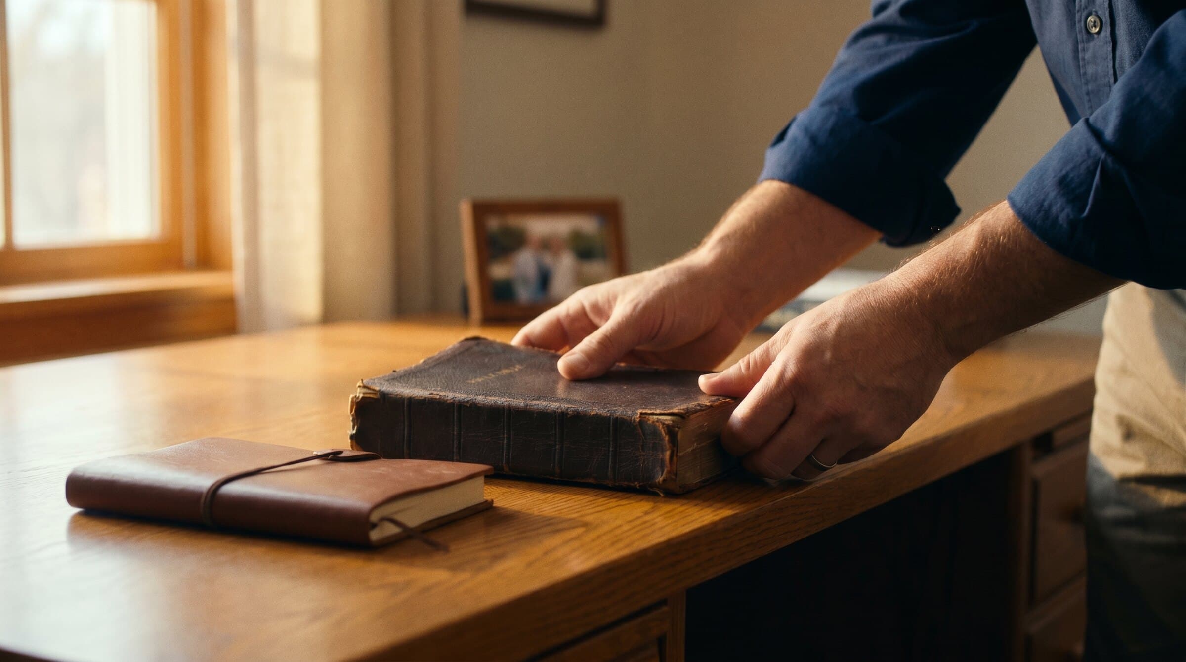 Manos de un pastor cerrando con cuidado una Biblia sobre el escritorio, símbolo de cuidado y confianza